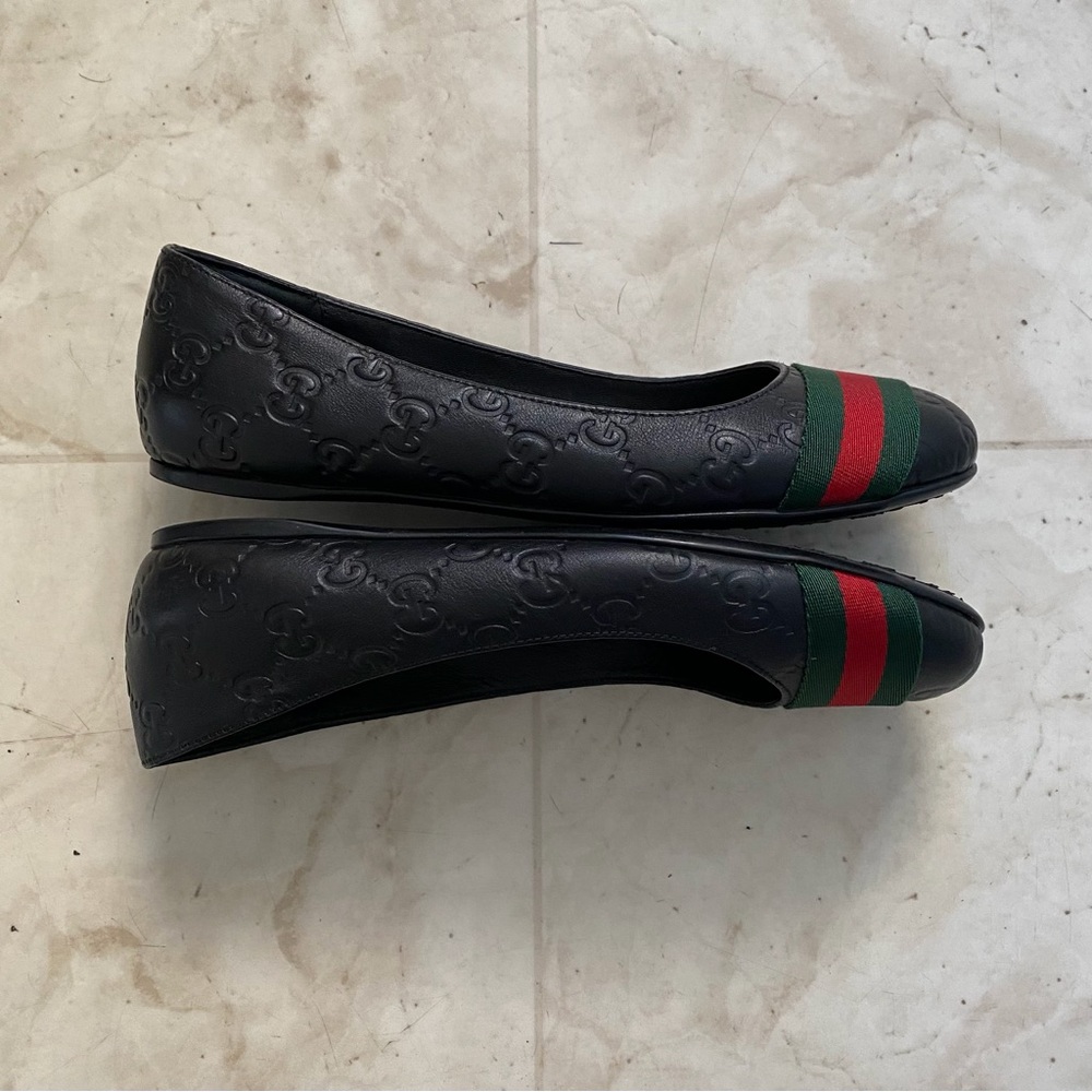 Gucci Guccissima Black Leather GG Monogram Web Stripe Ballet Flats Size 5/35